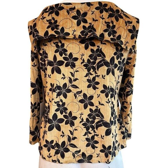 Womens Large Gold Mustard Velvet Floral Rhinestone Bow 3/4 Sleeve Blouse NWT - Picture 2 of 7